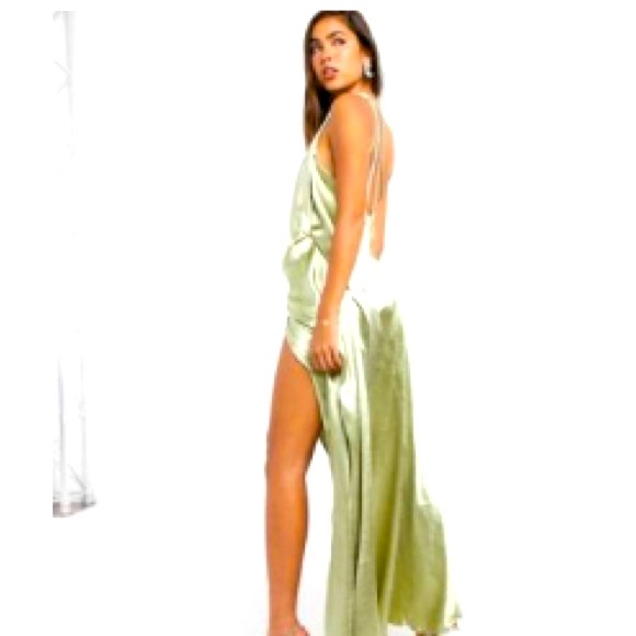 ASOS DESIGN one shoulder split strap satin maxi dress in milky khaki - Picture 1 of 2